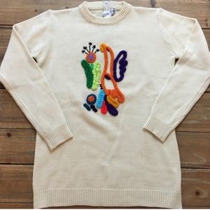 Vintage Cream Yarn Bird Flower Sweater